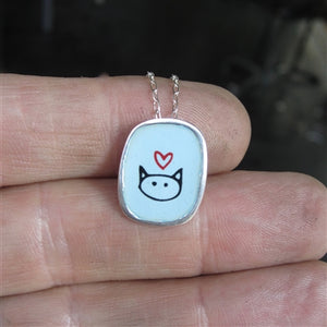 Sterling Silver and Enamel Mini Cute Cat Necklace